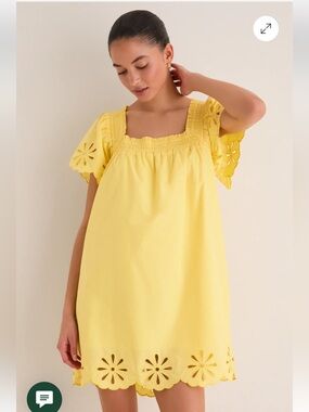 English factory Yellow Embroidered Square-Neck Women’s Dress